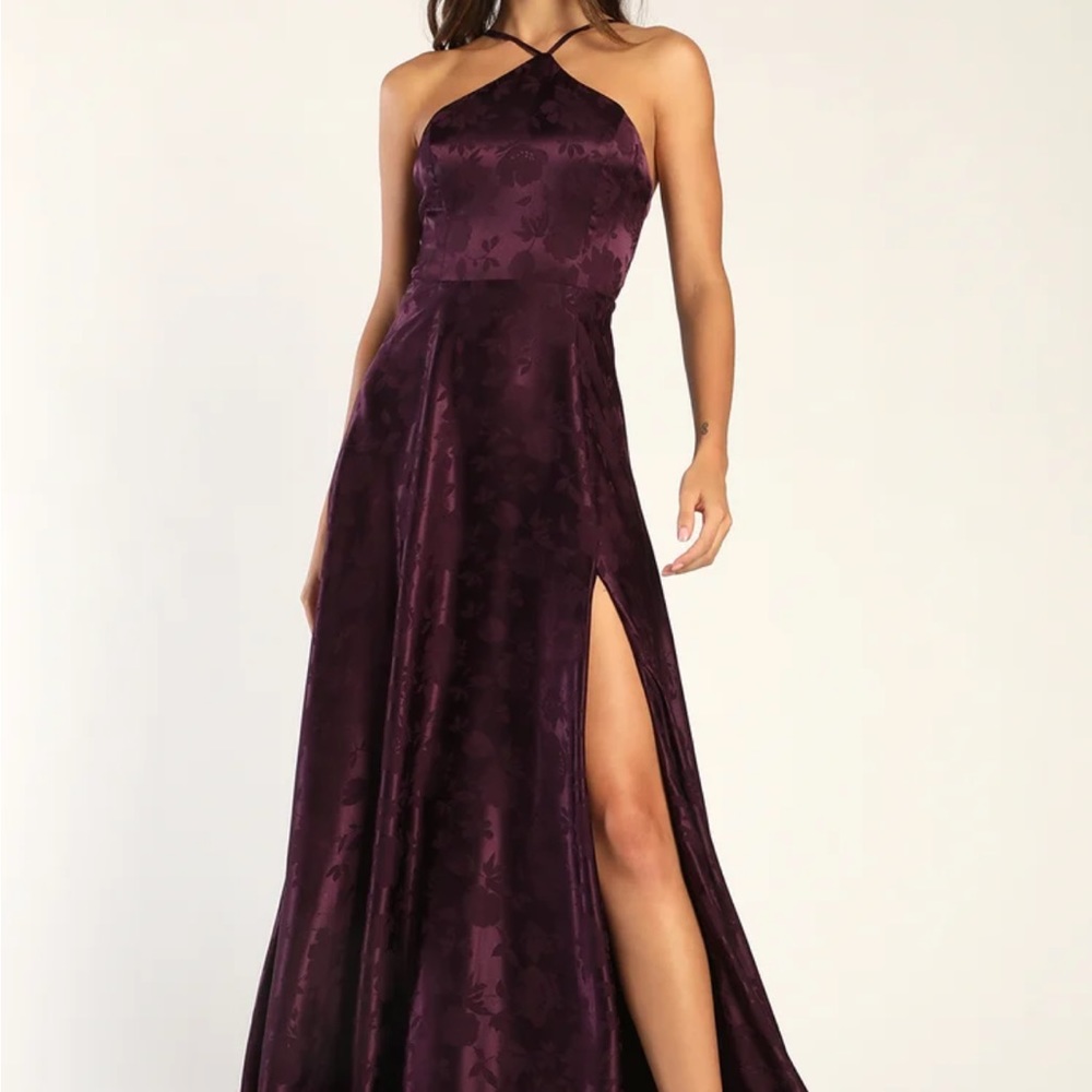 Lulu’s Elegant Sophistication Purple Satin Jacquard Halter Maxi Dress